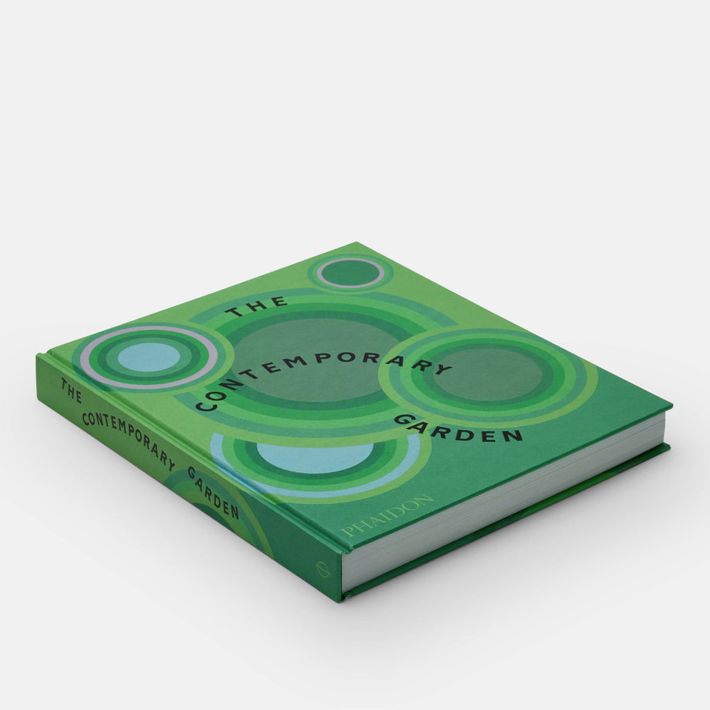 Book titled 'The Contemporary Garden' with green cover design on a white background
