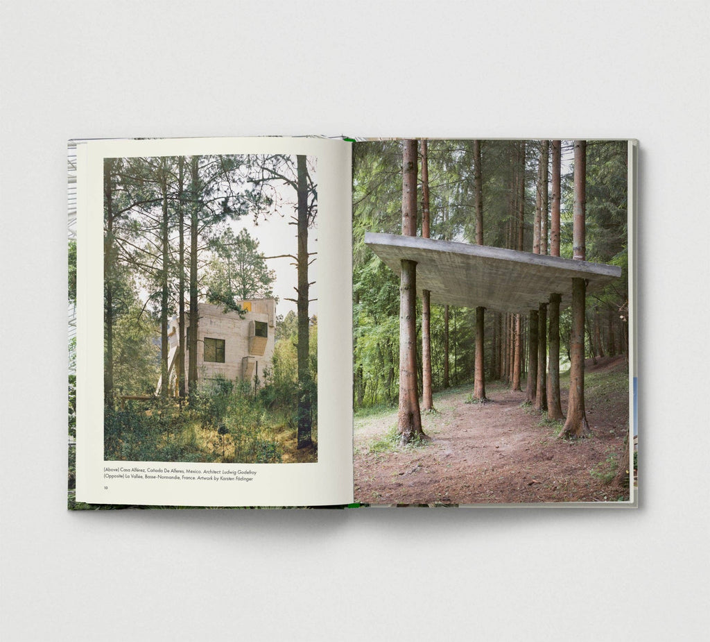 Open book showing two images of a modern cabin in a forest
