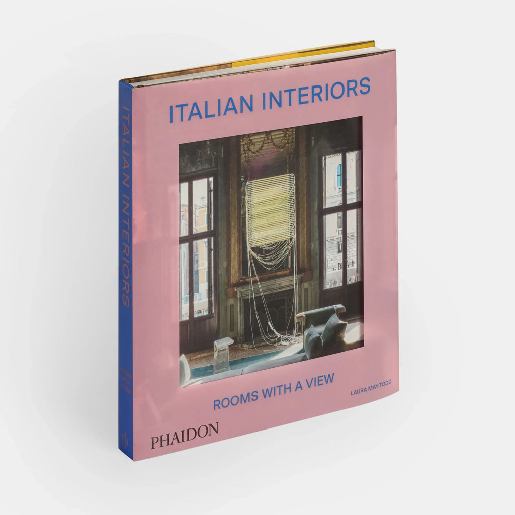 Book titled 'Italian Interiors: Rooms with a View' by Phaidon on a white background