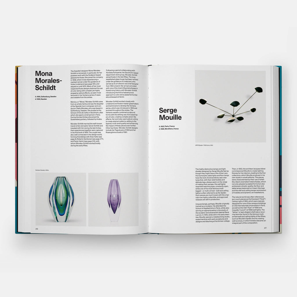 Open book with design articles and images on a white background