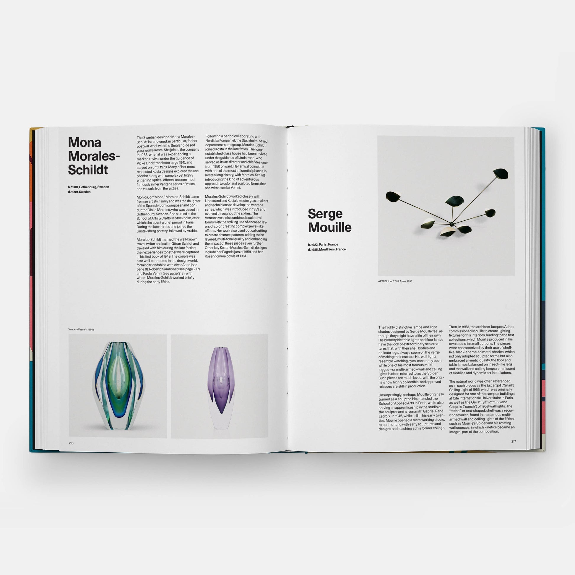 Open book with design articles and images on a white background