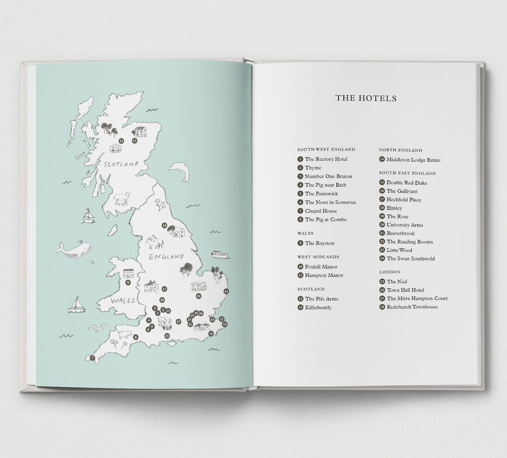 Open book with a map of the United Kingdom on the left page and a list of hotels on the right page.