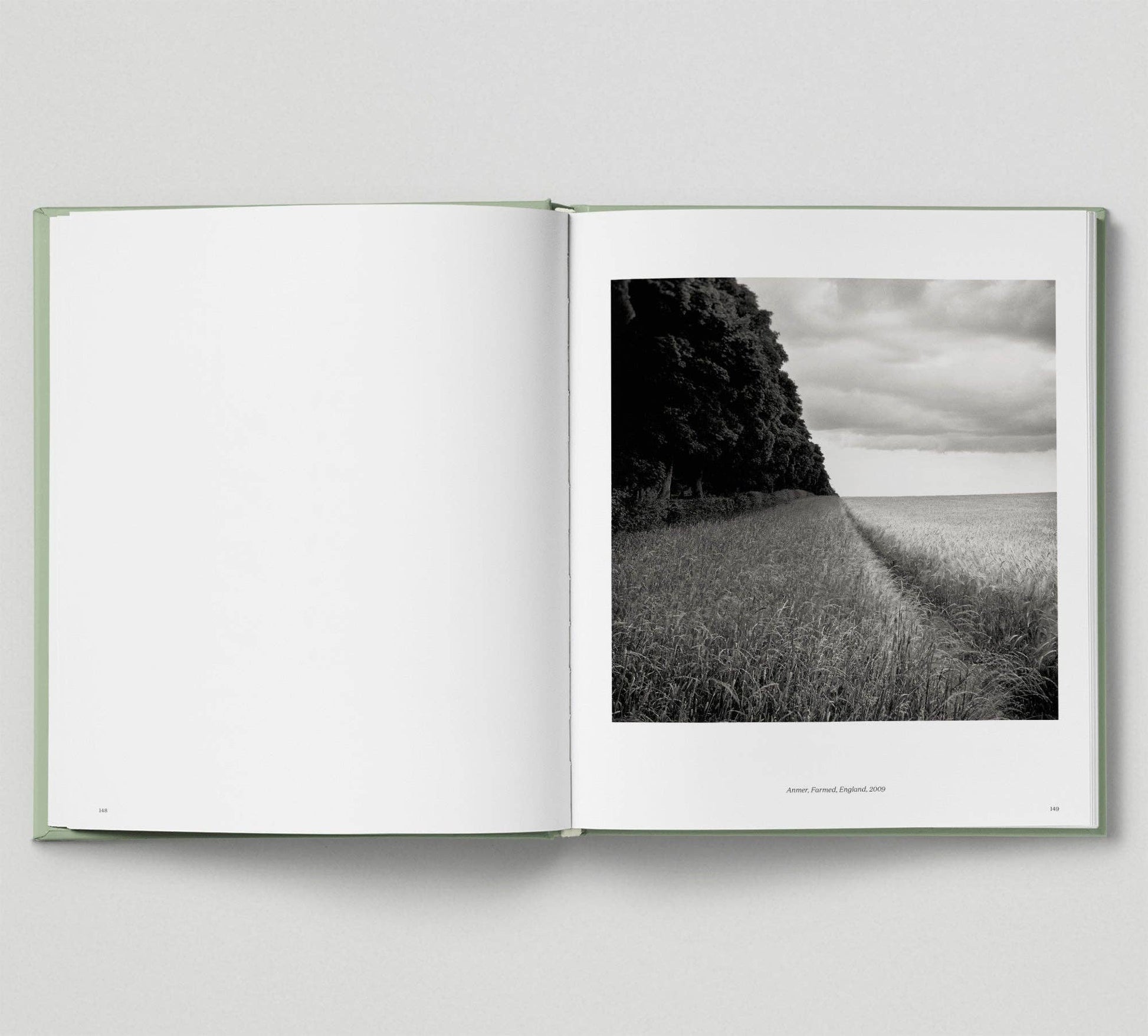 Open book showing a black and white photograph of a field and trees on a gray background
