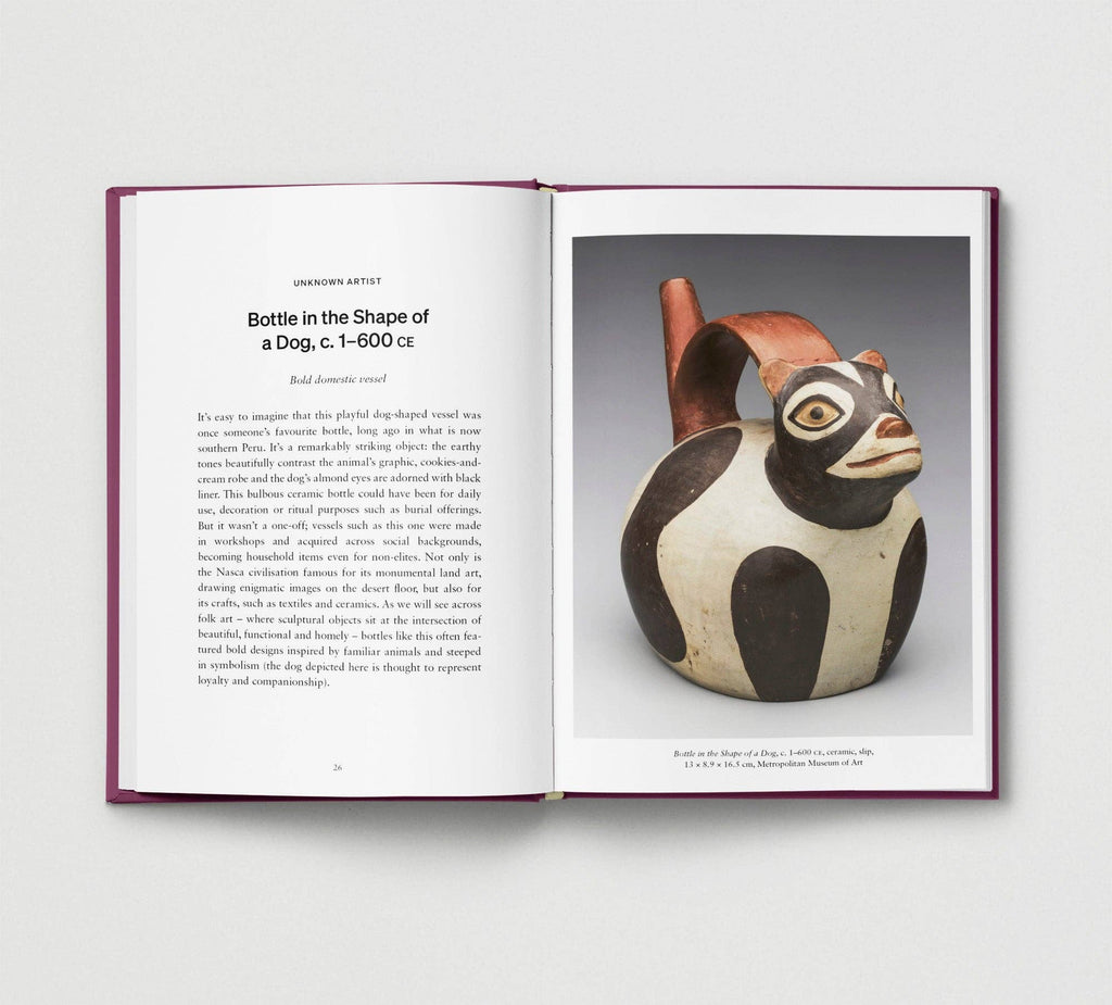 Open book showing a ceramic bottle in the shape of a dog with text on a white background