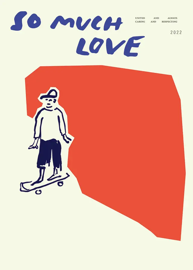 Cover of a book or magazine with a red abstract shape, a person on a skateboard, and 'So Much Love' text.