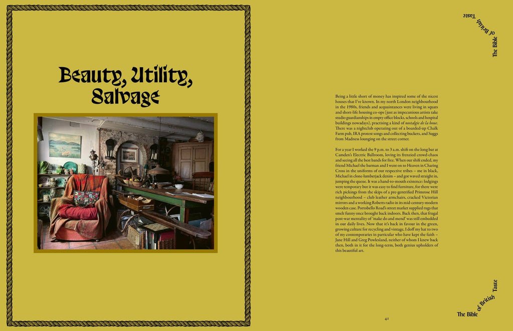 Book page with interior design layout featuring a room, text, and decorative elements on a yellow background.