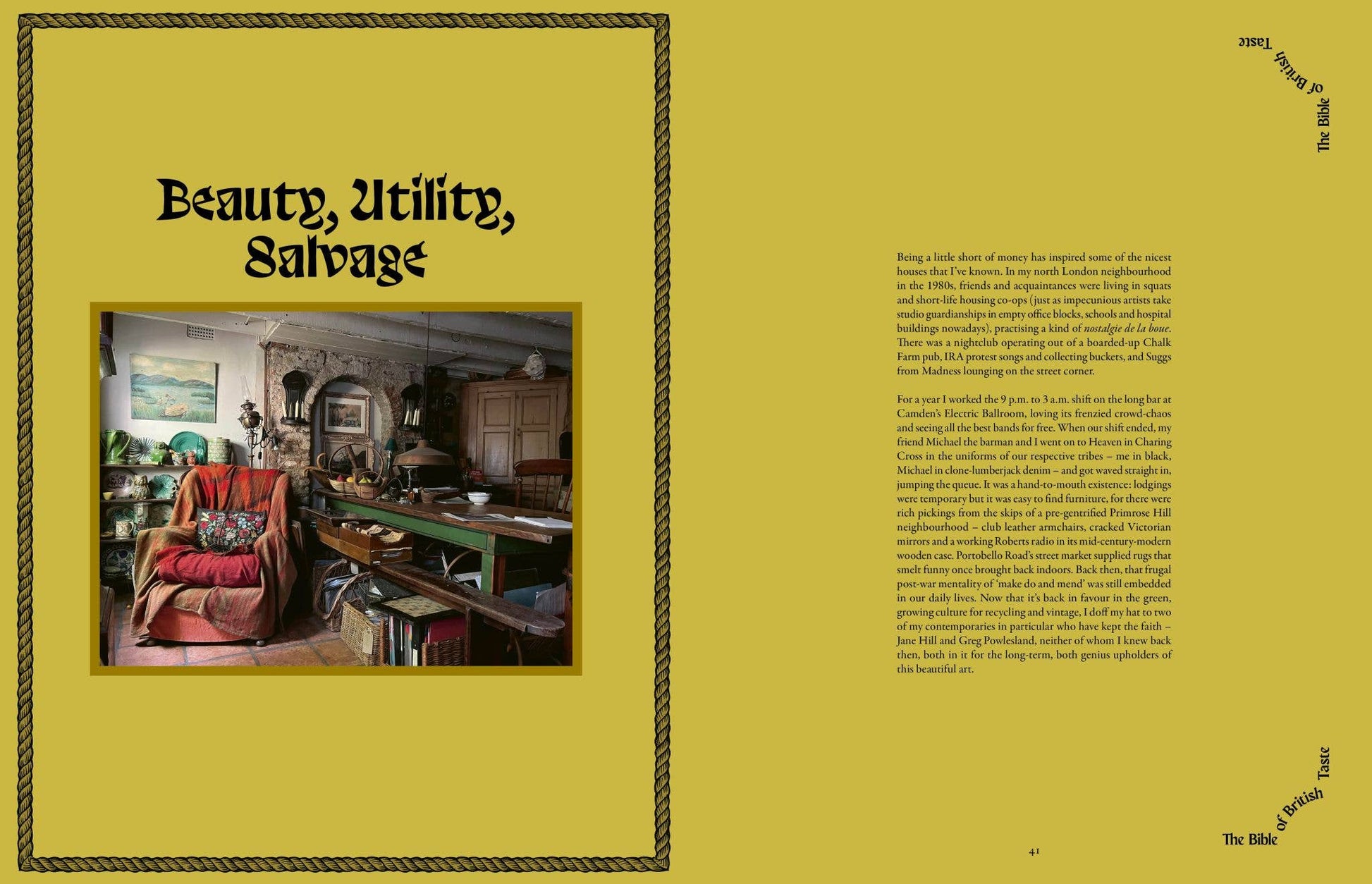 Book page with interior design layout featuring a room, text, and decorative elements on a yellow background.