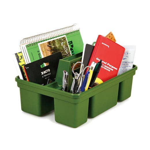 Green storage caddy with stationery items on a white background
