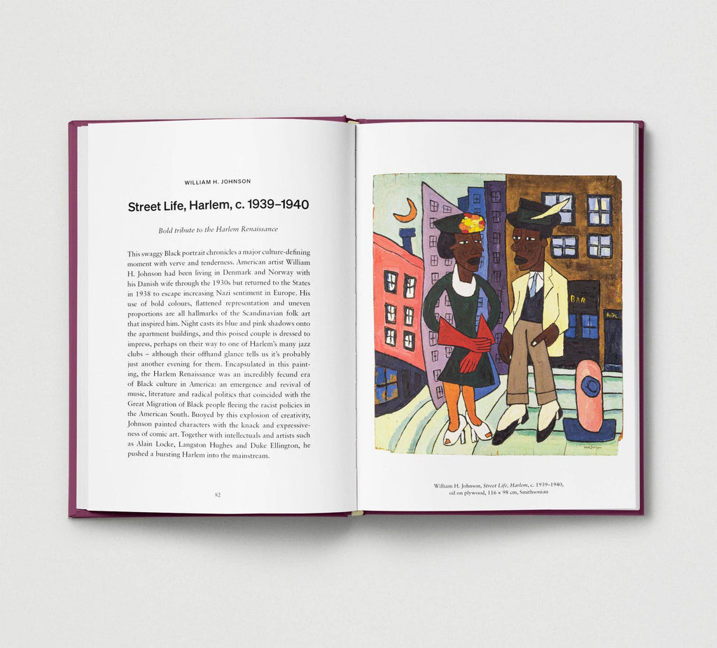 Open book with text and illustration of two people on a city street.