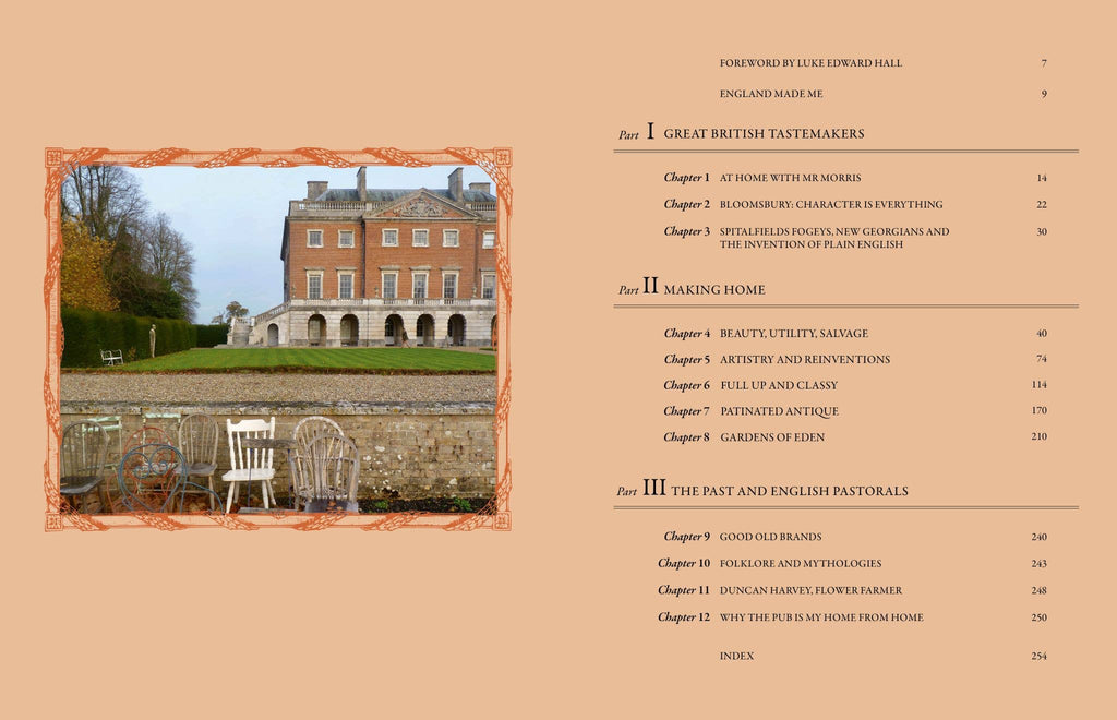 Book page with a photograph of a large brick building and a list of chapters on a beige background