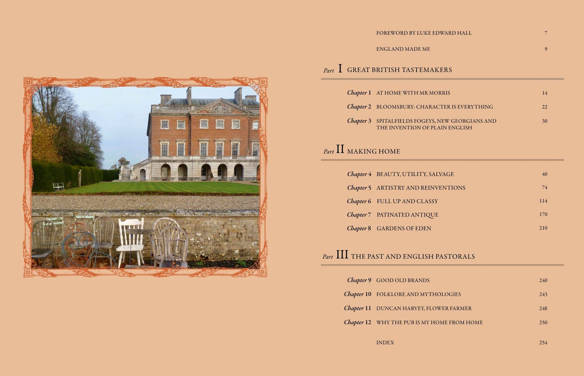 Book page with a photograph of a large brick building and a list of chapters on a beige background