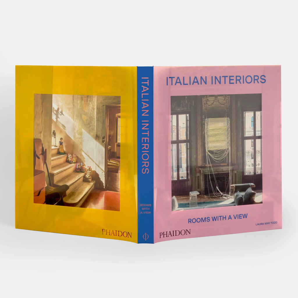 Book titled 'Italian Interiors: Rooms with a View' by Phaidon on a white background