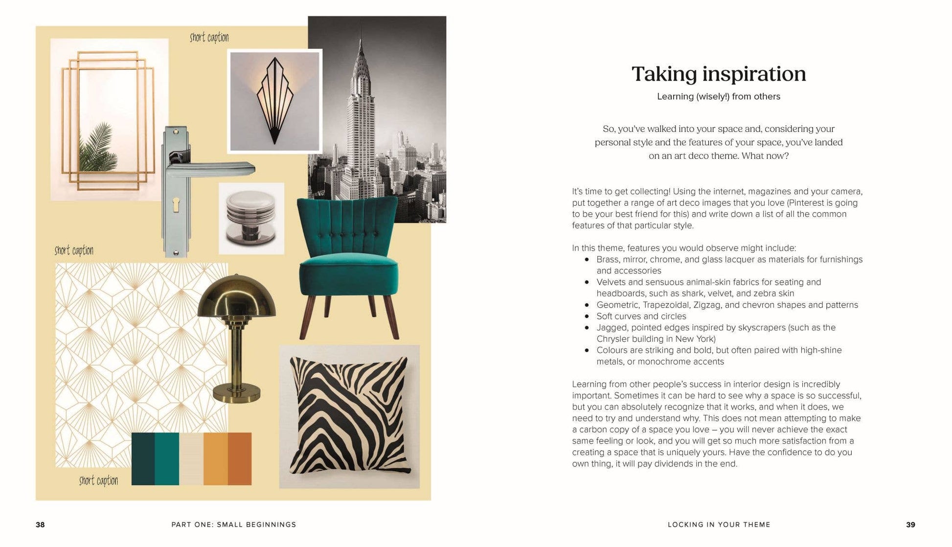 Page from a design book with interior decor elements and text on inspiration.