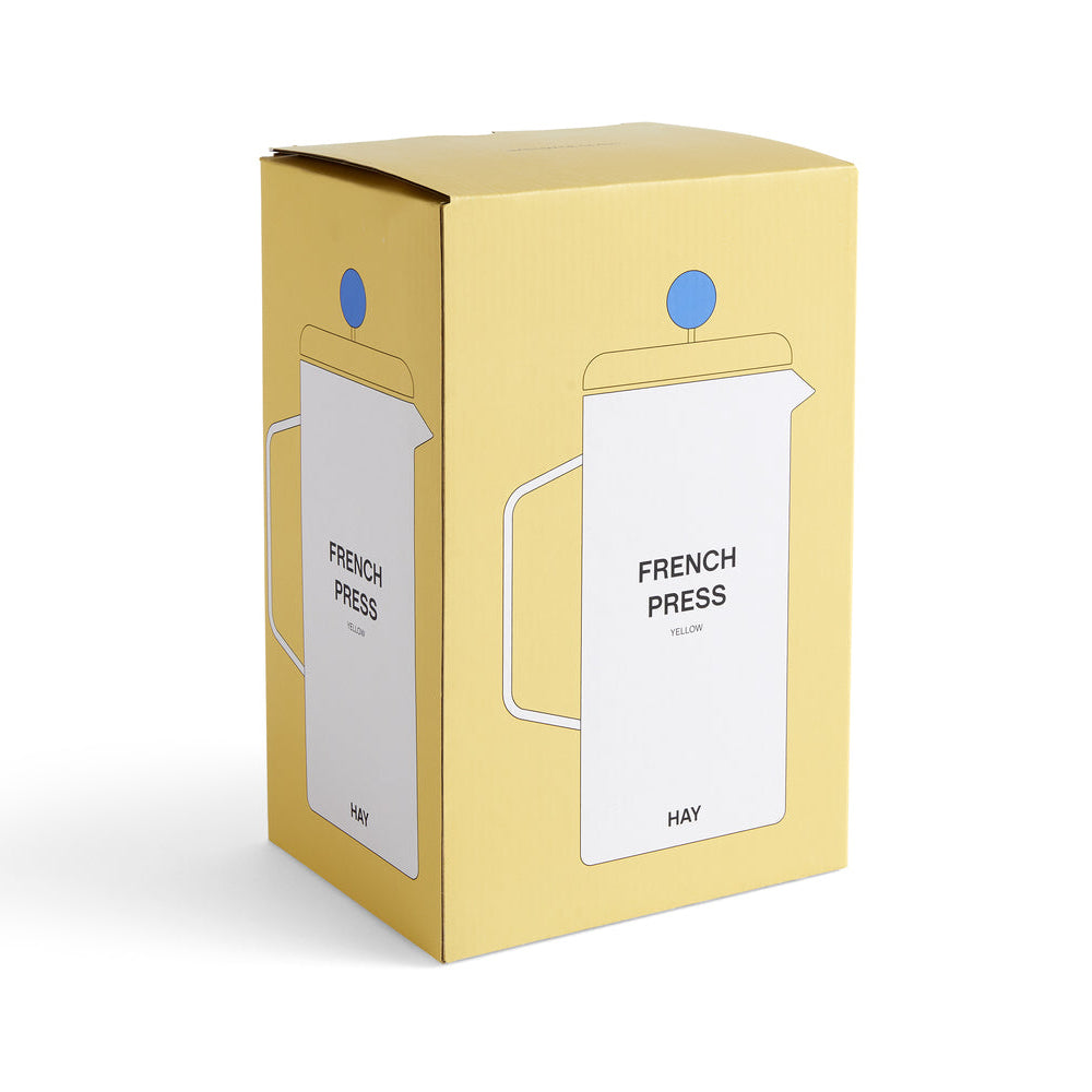 Yellow packaging box with 'French Press' label on a white background