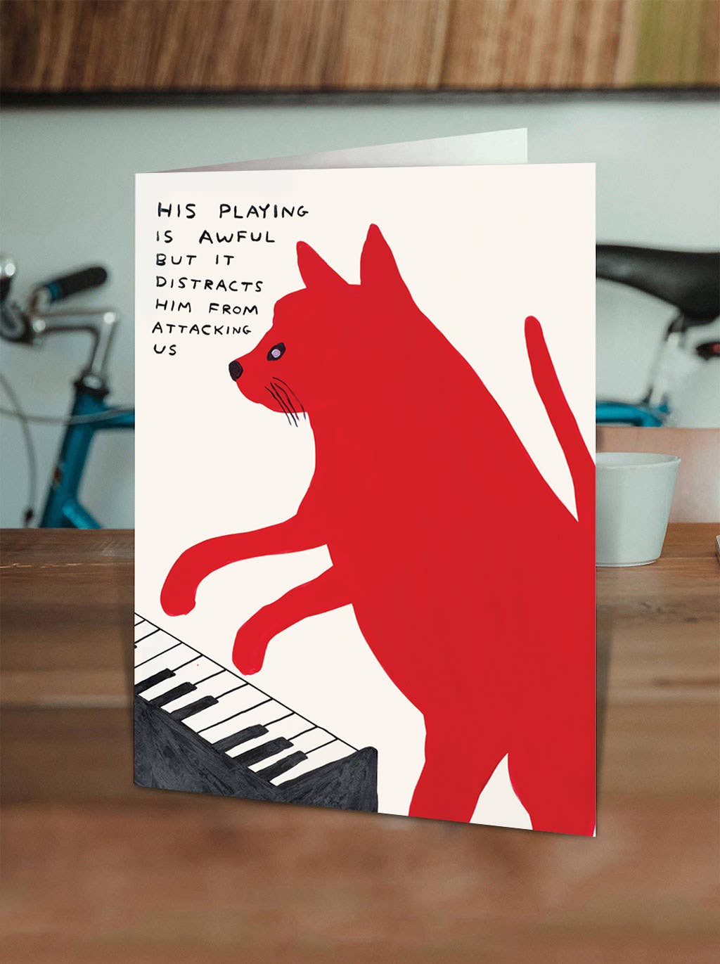 Funny Greetings Card By David Shrigley - Piano Playing Cat