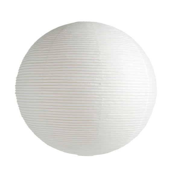 White spherical lampshade with ribbed texture on a white background