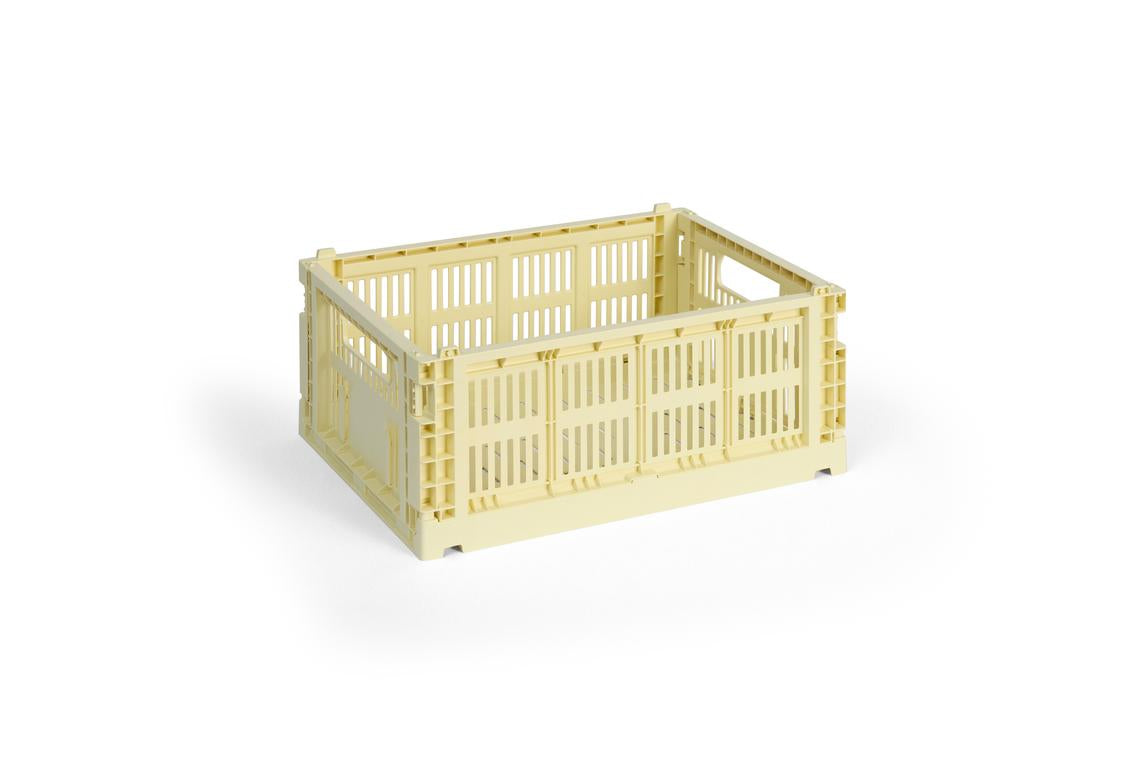 Beige storage crate on a white background