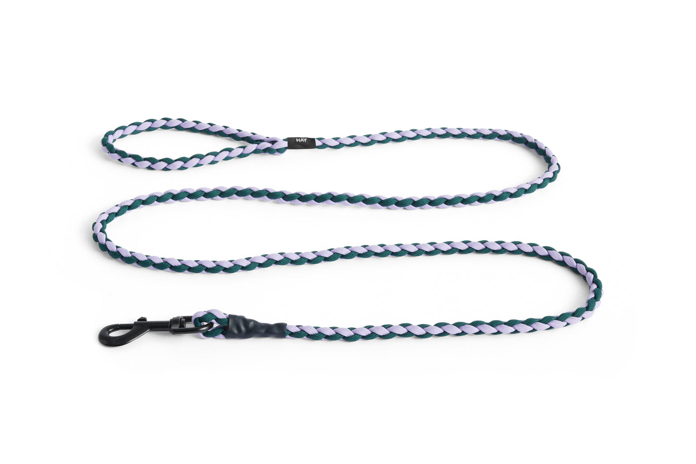 Braided dog leash with a clip on a white background