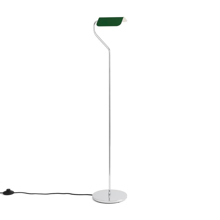 Modern floor lamp with a green shade on a white background
