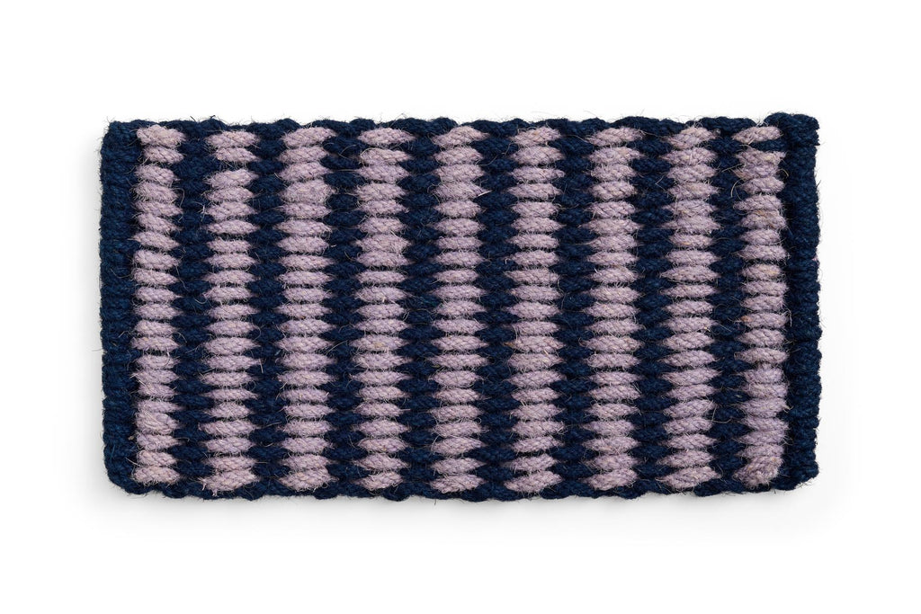 Rectangular woven mat with blue and gray striped pattern on a white background