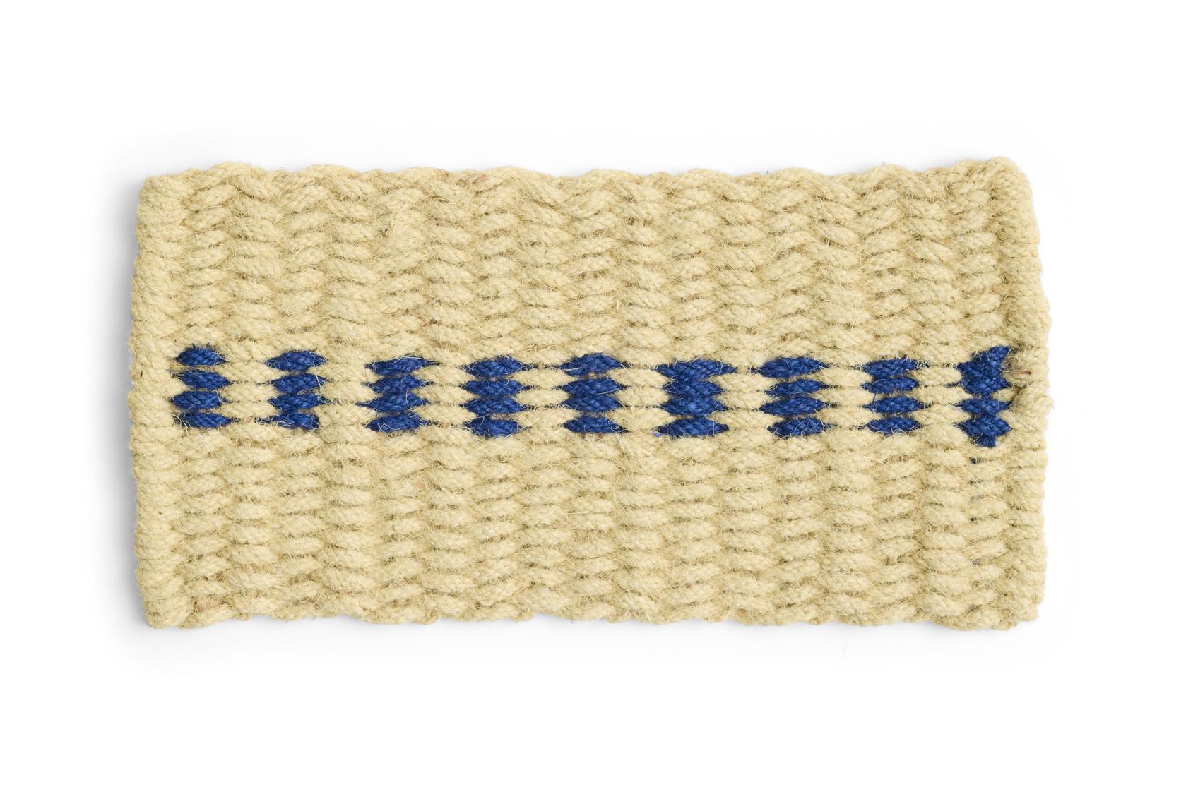 Beige woven door mat with blue stitching on a white background