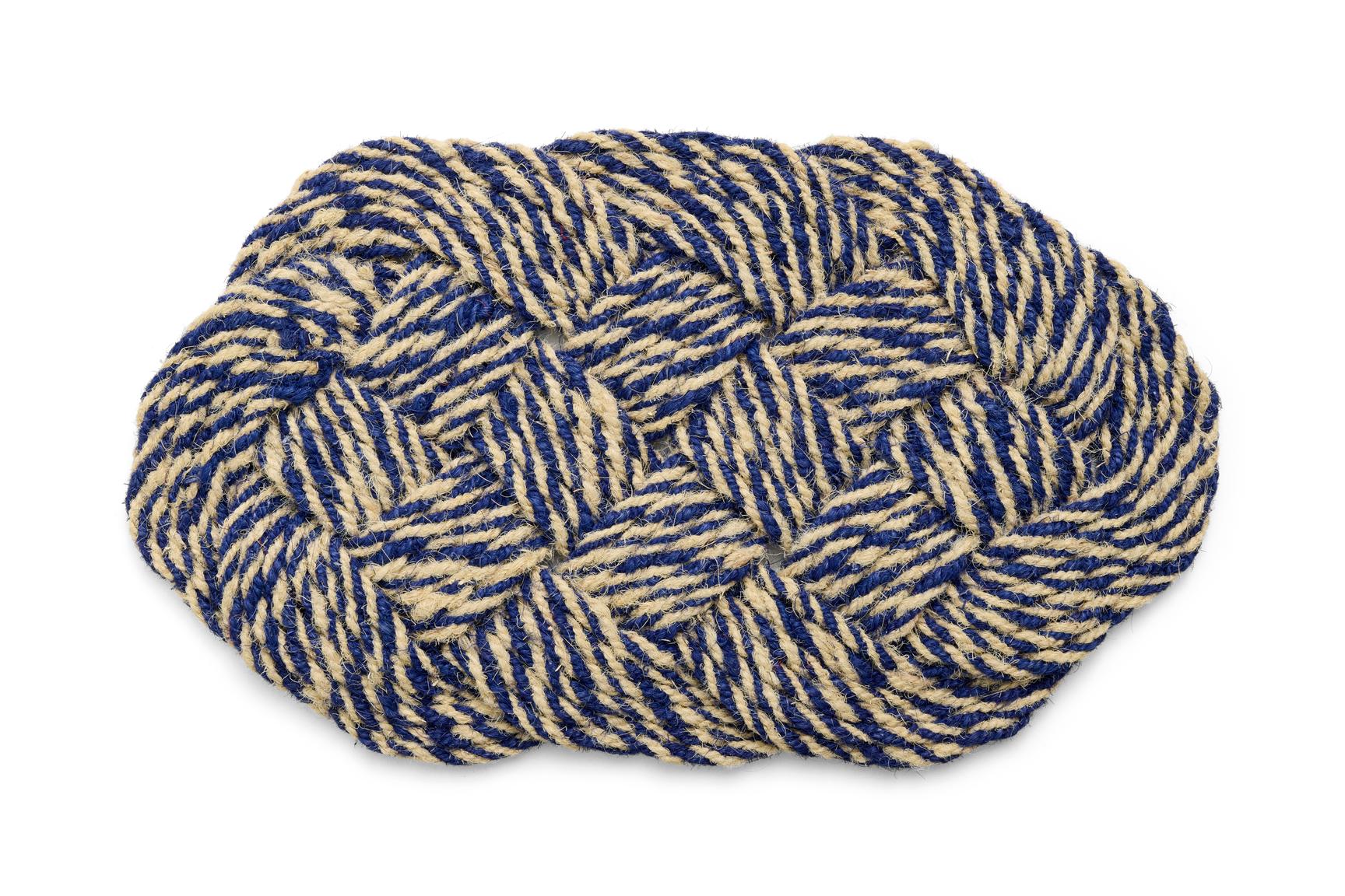Woven mat with blue and beige pattern on a white background