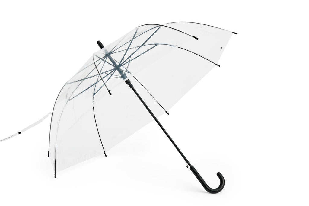 Clear umbrella with black handle and ribs on a white background