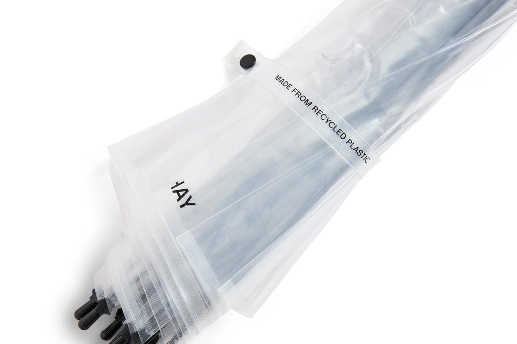 Clear plastic umbrella with black text and a button, on a white background