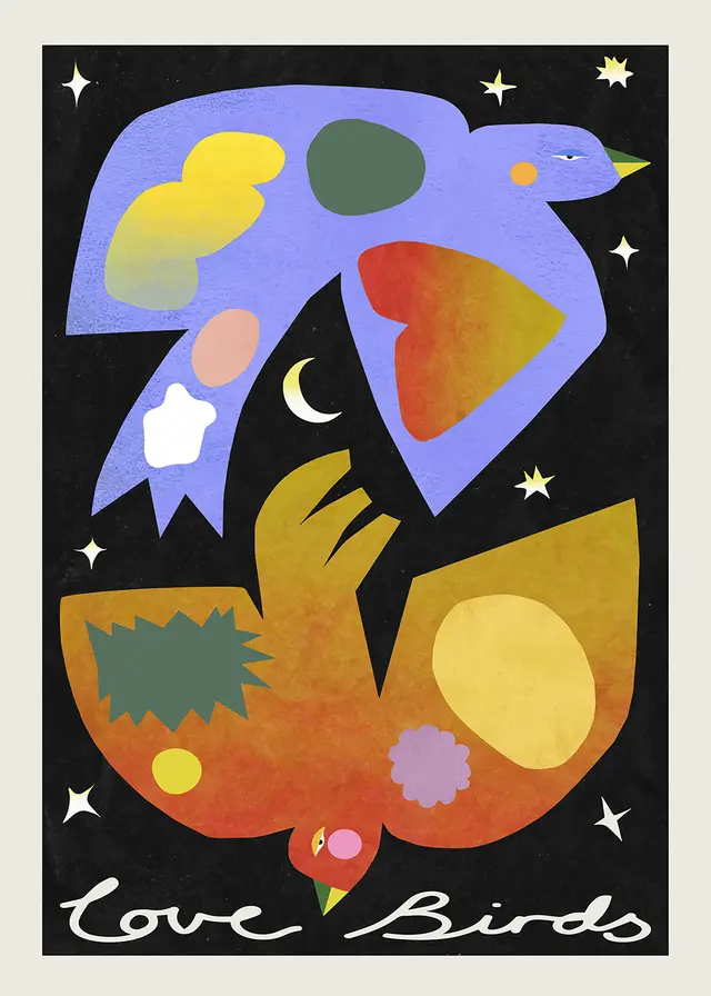 Colorful abstract depiction of two birds with 'Love Birds' text on a black background