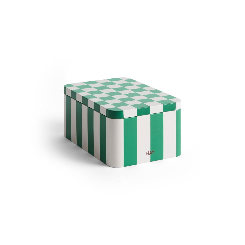 Green and white checkered box on a white background