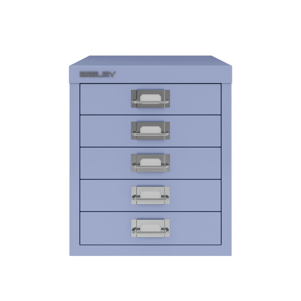 Blue metal storage cabinet with multiple drawers on a white background