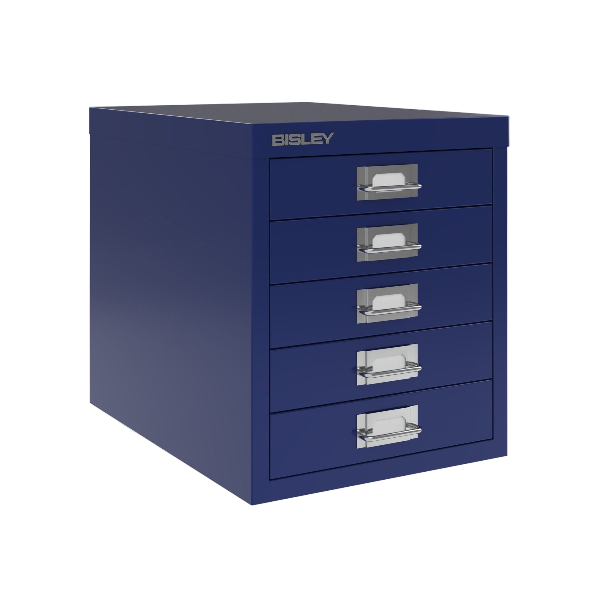 Blue Bisley filing cabinet with multiple drawers on a white background
