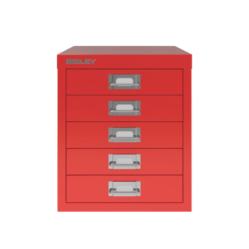 Red Bisley drawer unit with silver handles on a white background