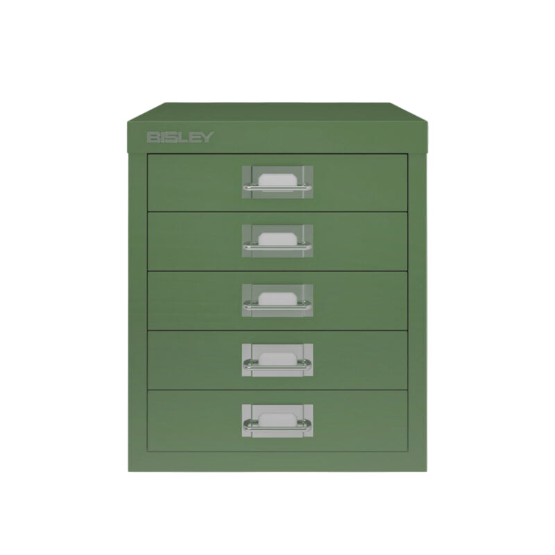 Green metal file cabinet with multiple drawers on a white background