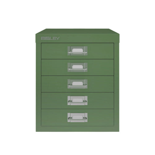 Green metal file cabinet with multiple drawers on a white background