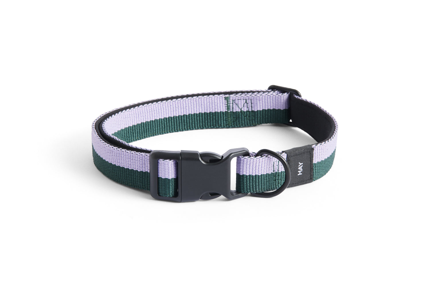Dog collar with green and white striped pattern on a white background