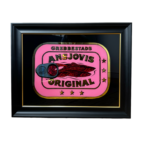 Framed Ansjovis label with pink background and black frame