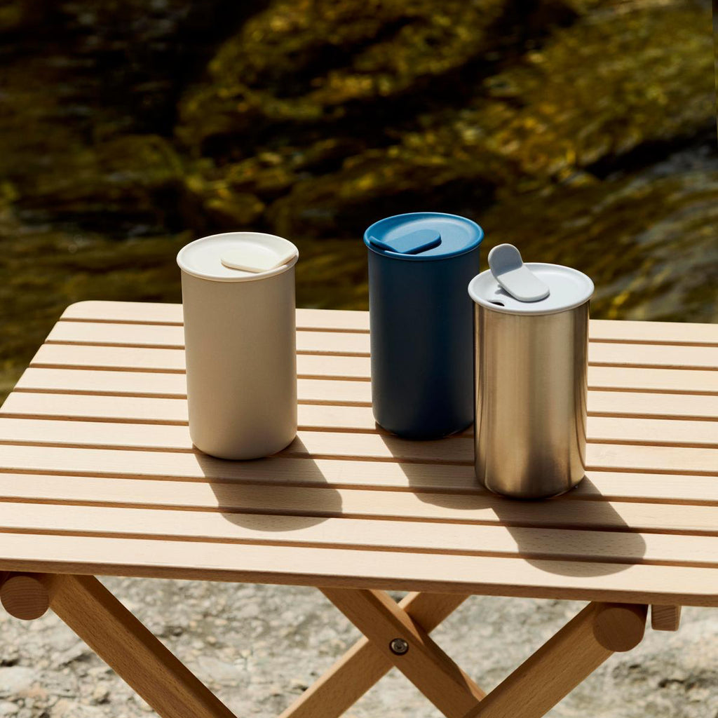 Jasper Morrison x HAY Outdoor Market Thermos in Blue, Grey on Camping Table