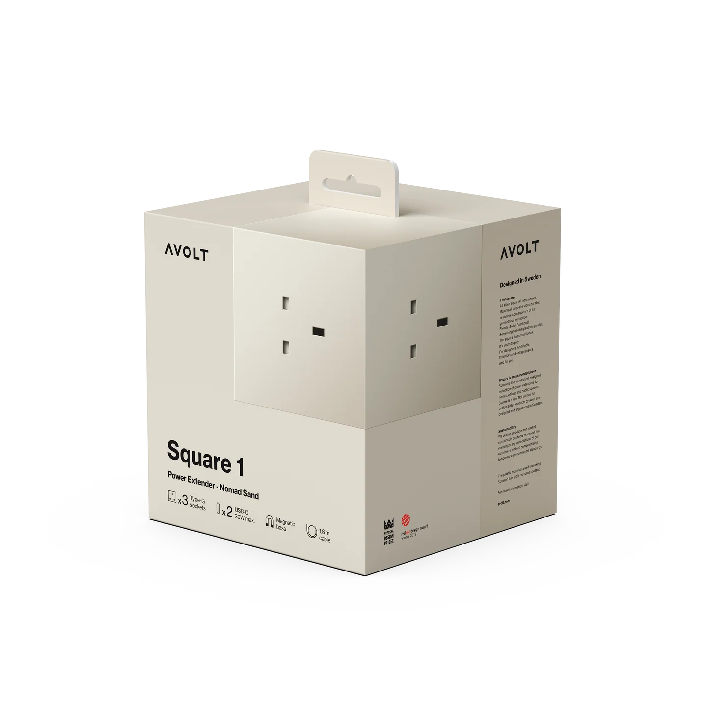 AVOLT Square 1 power cord adapter retail box, featuring a minimalist beige design with a printed illustration of the UK three-pin plug on the front and side panels.