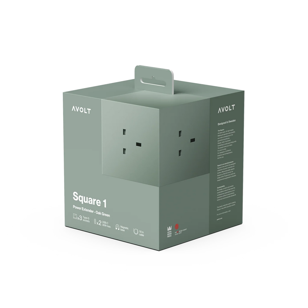 AVOLT Square 1 power cord adapter retail packaging box, shown at a three-quarter angle on a clean white background.