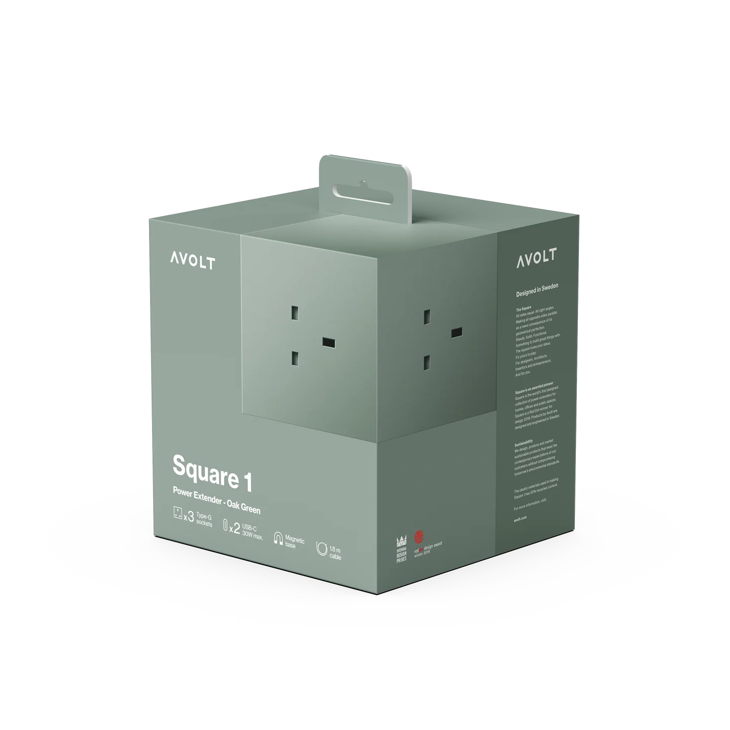 AVOLT Square 1 power cord adapter retail packaging box, shown at a three-quarter angle on a clean white background.