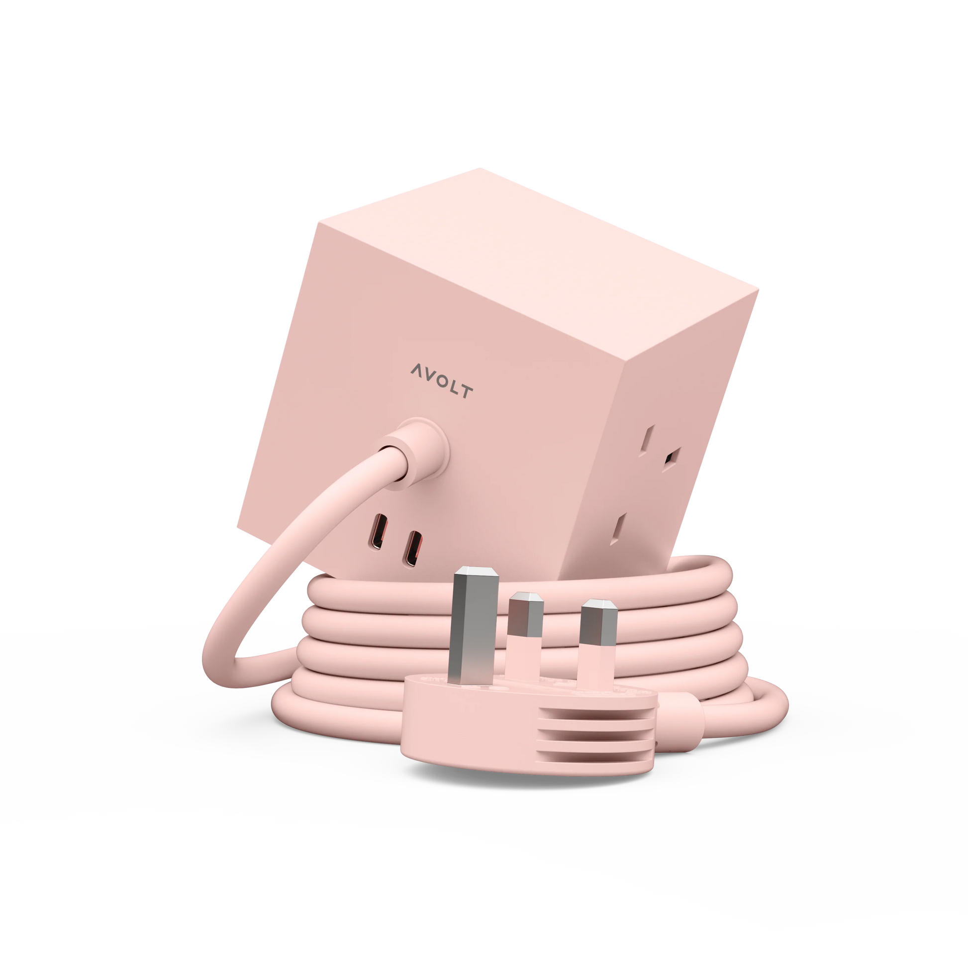 A pink AVOLT power adapter with a coiled cord and UK three-pin plug, shown on a clean white background.