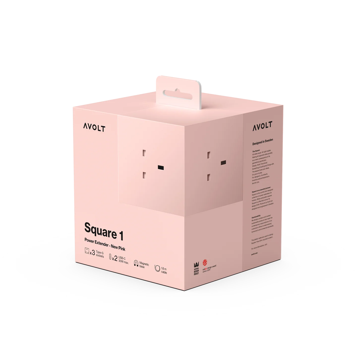 A light pink AVOLT Square 1 power extender box with a built-in handle, shown on a clean white background.