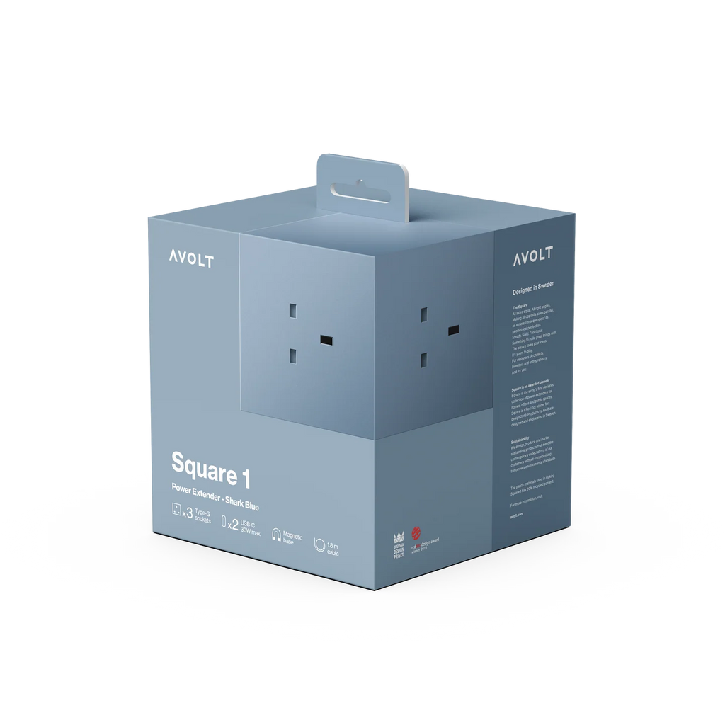 AVOLT Square 1 power supply retail box in a muted blue-gray color, featuring a built-in handle and printed product details on the front and side panels, set against a plain white background.