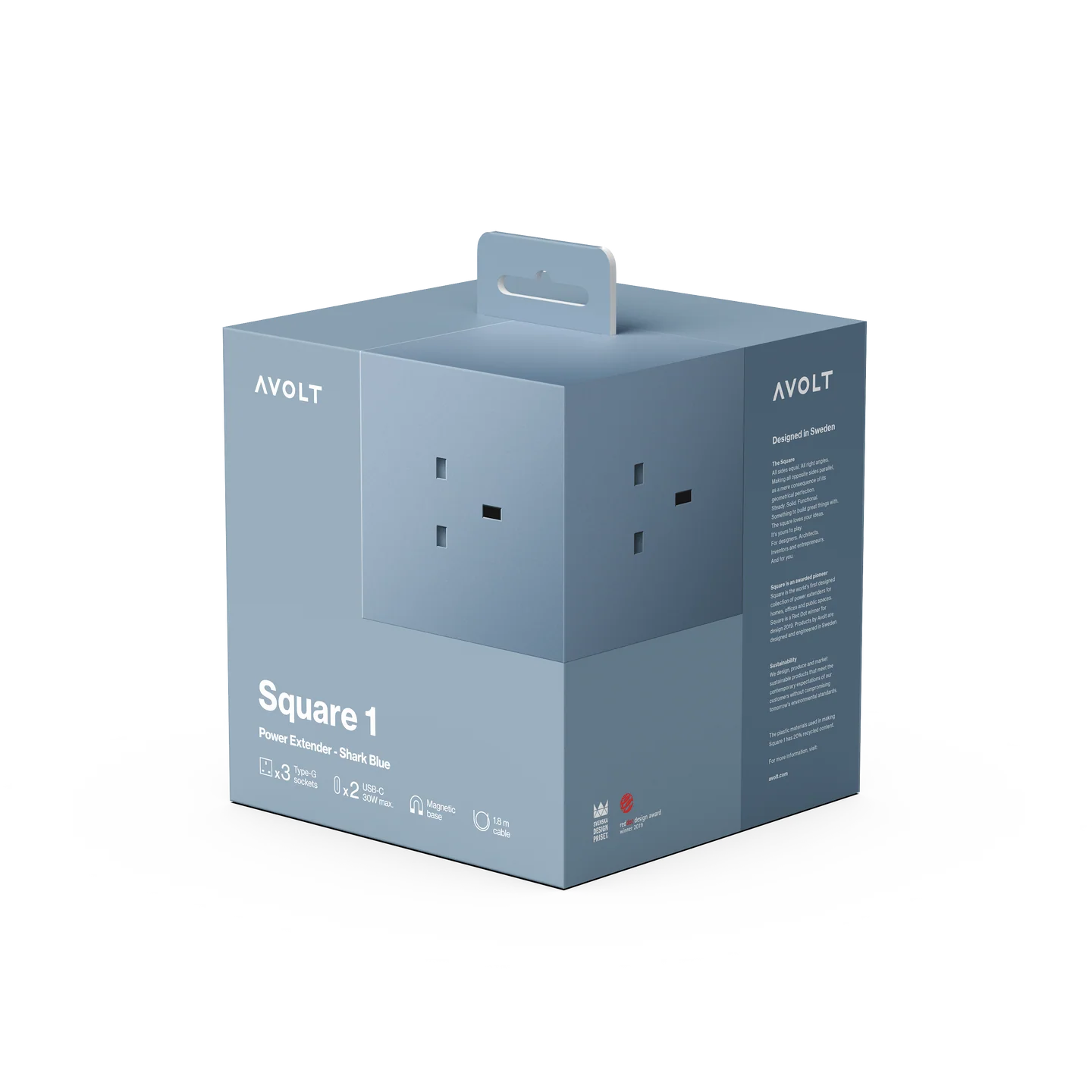 AVOLT Square 1 power supply retail box in a muted blue-gray color, featuring a built-in handle and printed product details on the front and side panels, set against a plain white background.