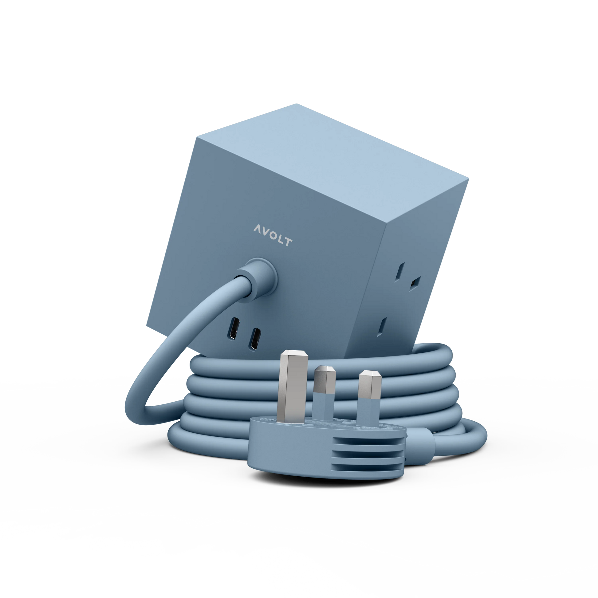 A light blue cube-shaped AVOLT power adapter with a matching coiled power cord and UK three-pin plug, shown on a clean white background.