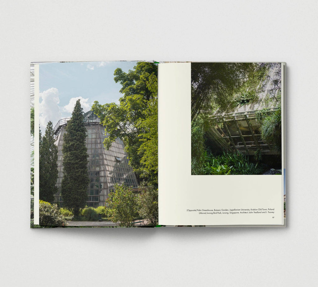 Open book showing two pages with images of a glass pyramid and greenery.