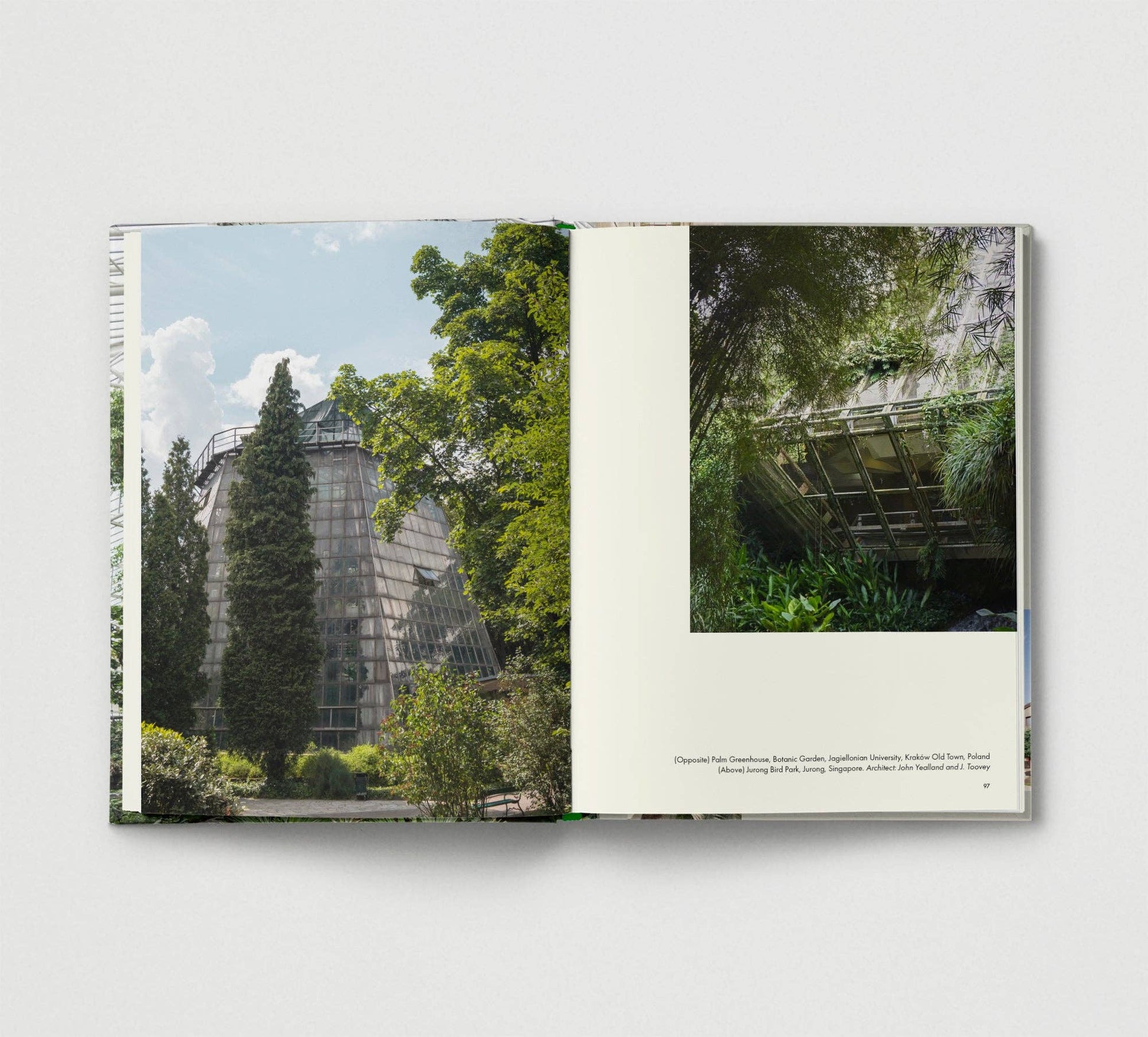 Open book showing two pages with images of a glass pyramid and greenery.