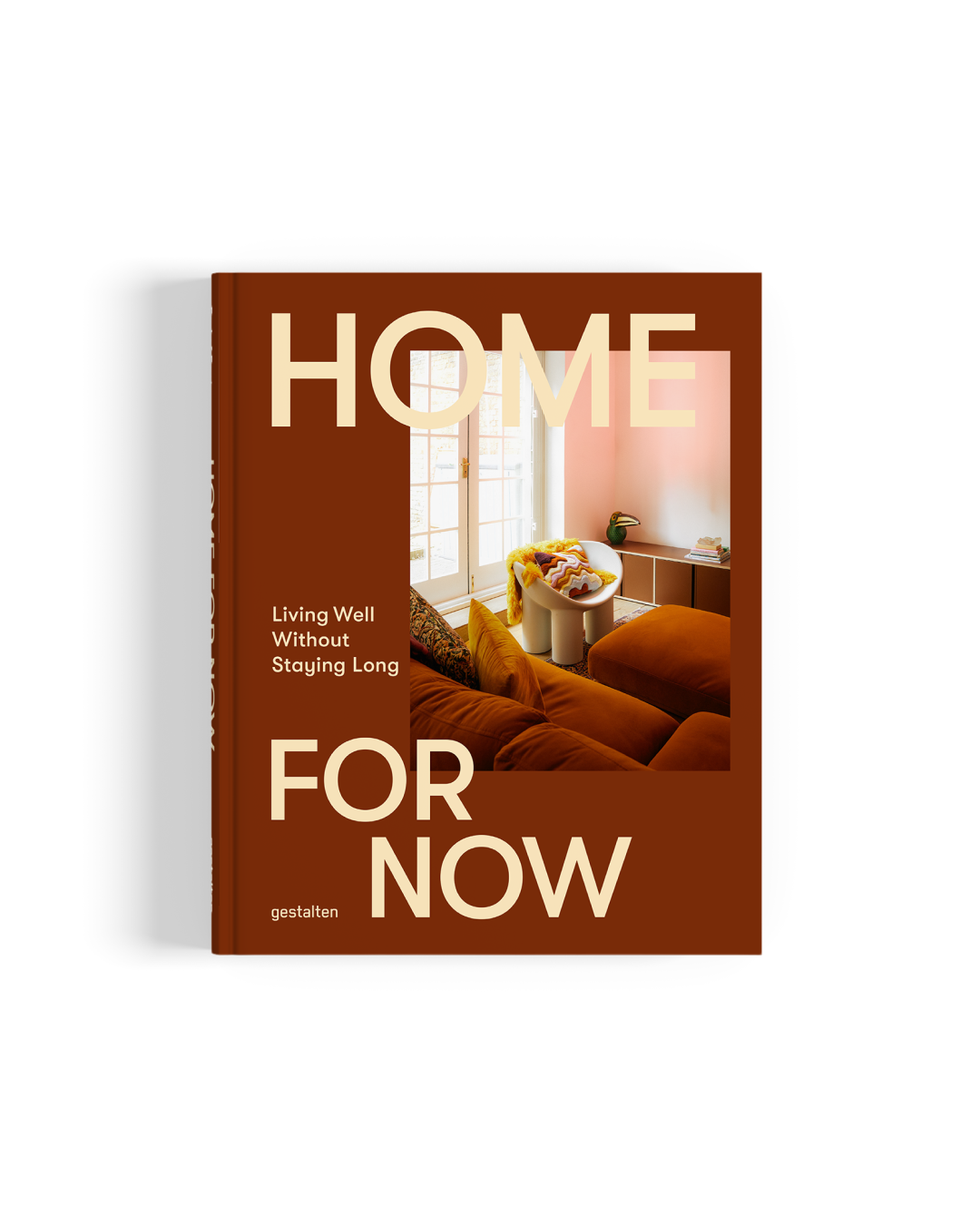 Book cover of 'Home for Now' with a living room image on a white background