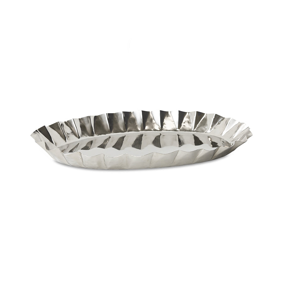 Stainless steel chrome platter with ruffled edges on a white background. NEW CLASSICS